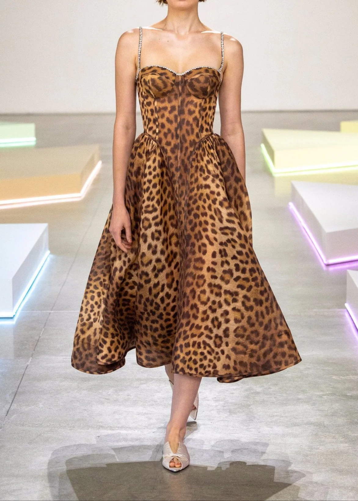 Animal Print Crystal Bustier Midi Dress