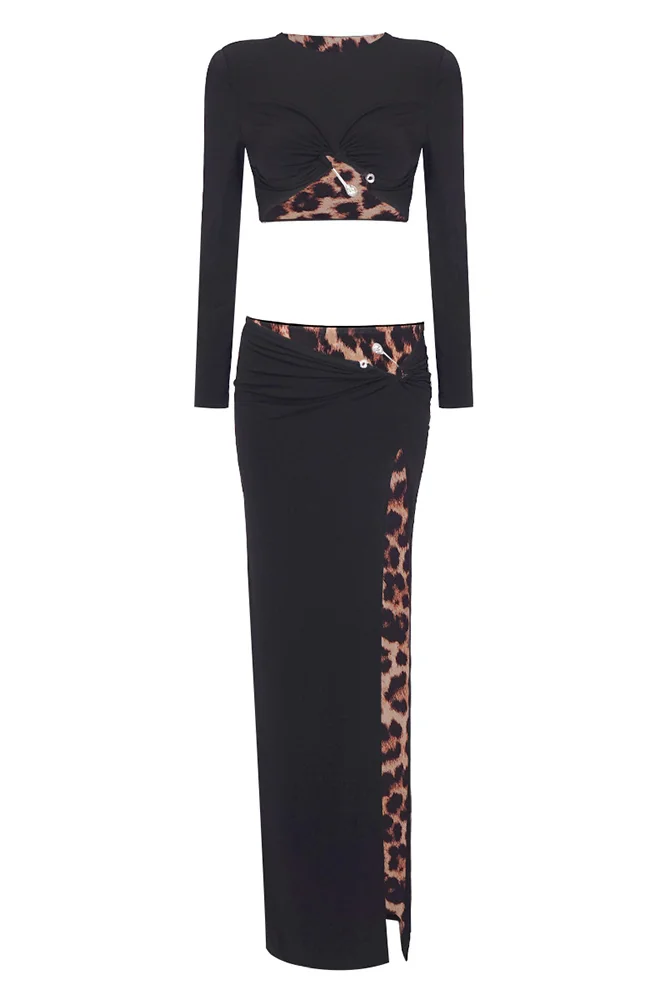 Elegant Leopard Print Two-Piece Set - Stretch Jersey Crop Top