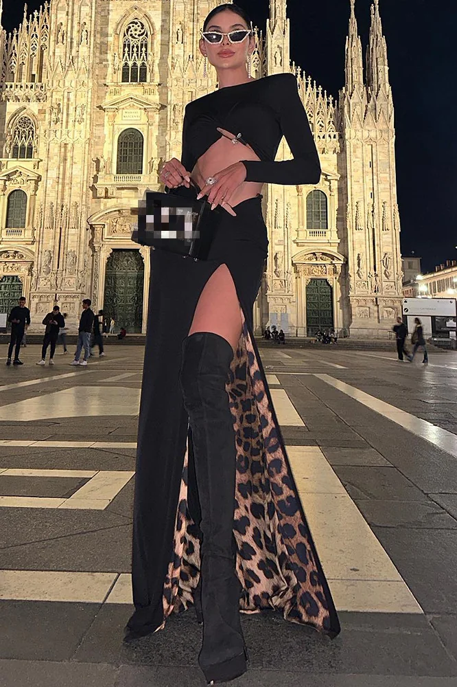 Elegant Leopard Print Two-Piece Set - Stretch Jersey Crop Top