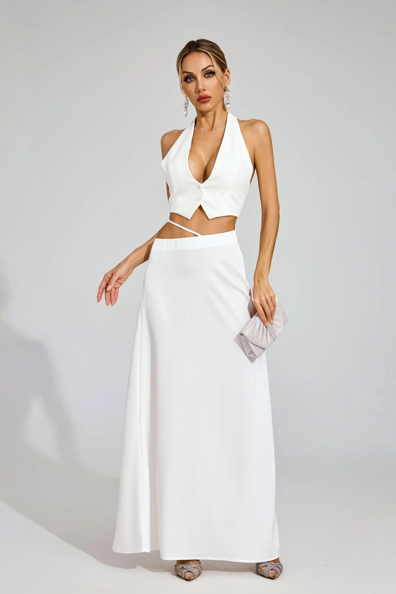 White Silk Crop Top Maxi Skirt Set - Elegant Style