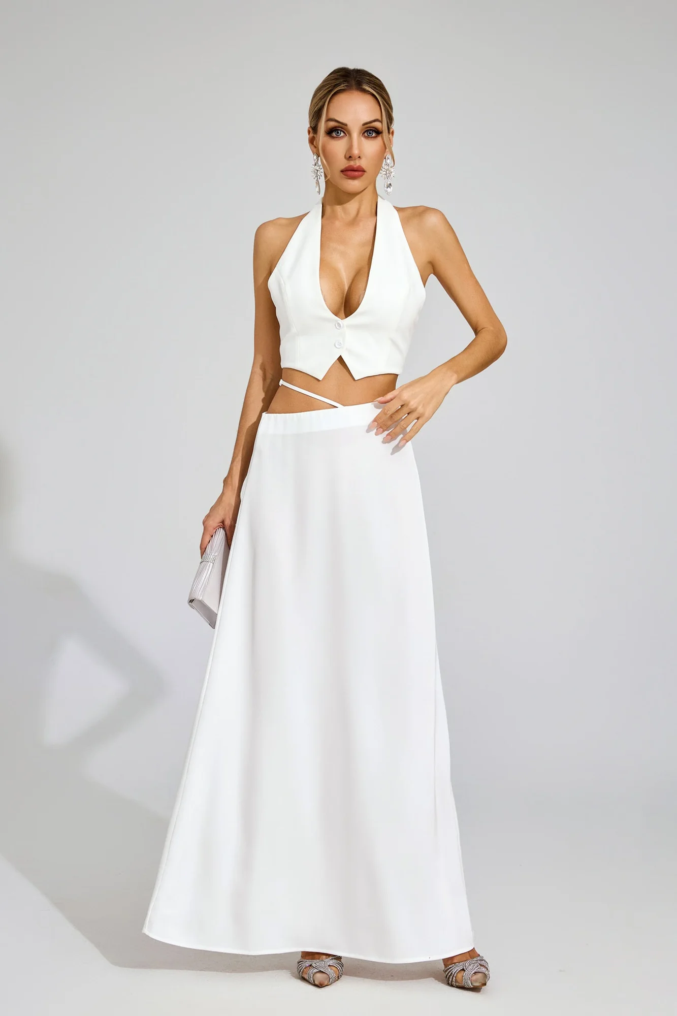 White Silk Crop Top Maxi Skirt Set - Elegant Style
