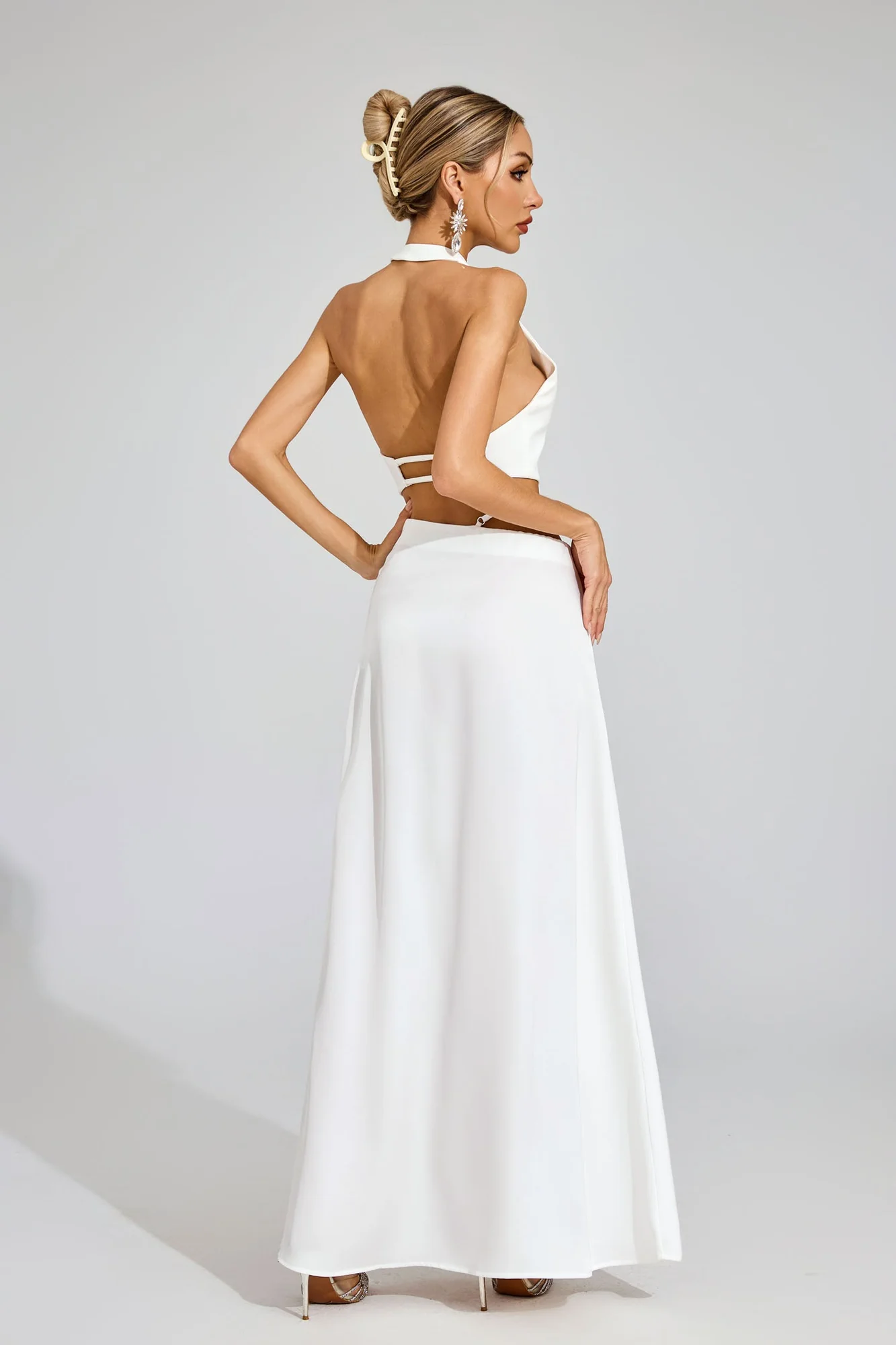 White Silk Crop Top Maxi Skirt Set - Elegant Style
