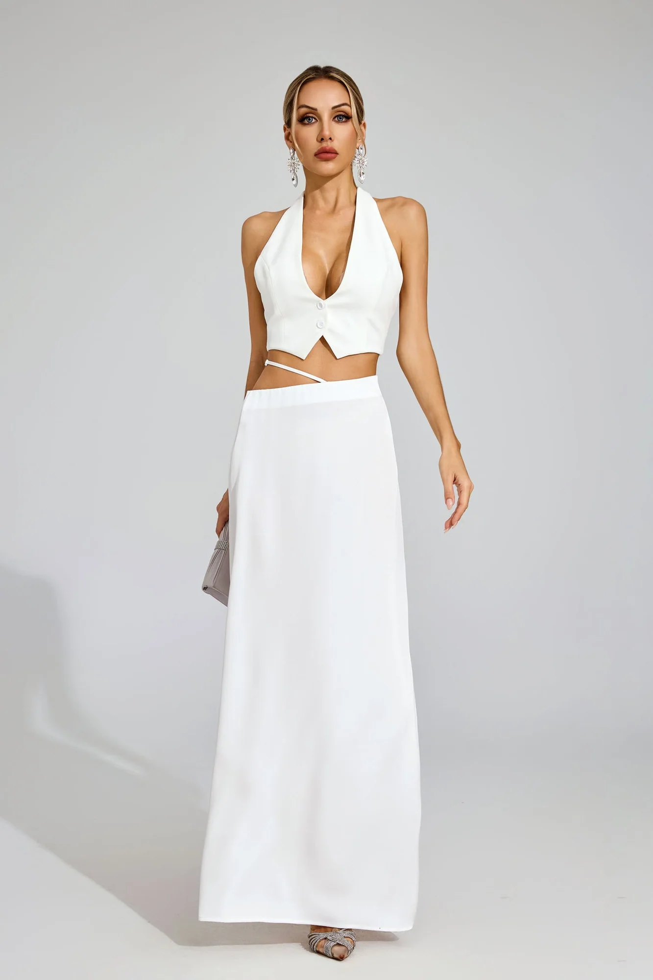 White Silk Crop Top Maxi Skirt Set - Elegant Style