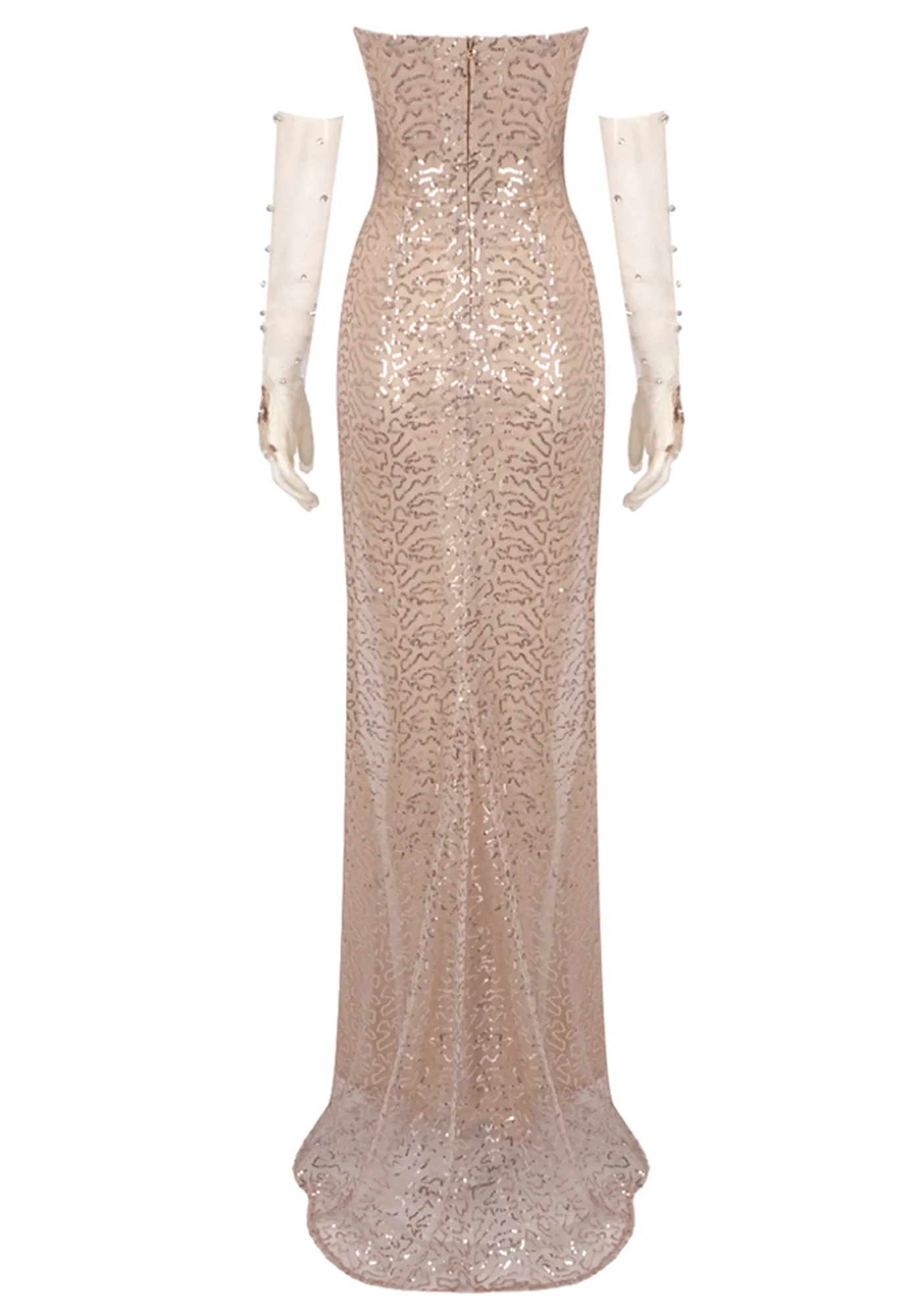 Nude Crystal Sequin Maxi Dress with Strapless Corset Design