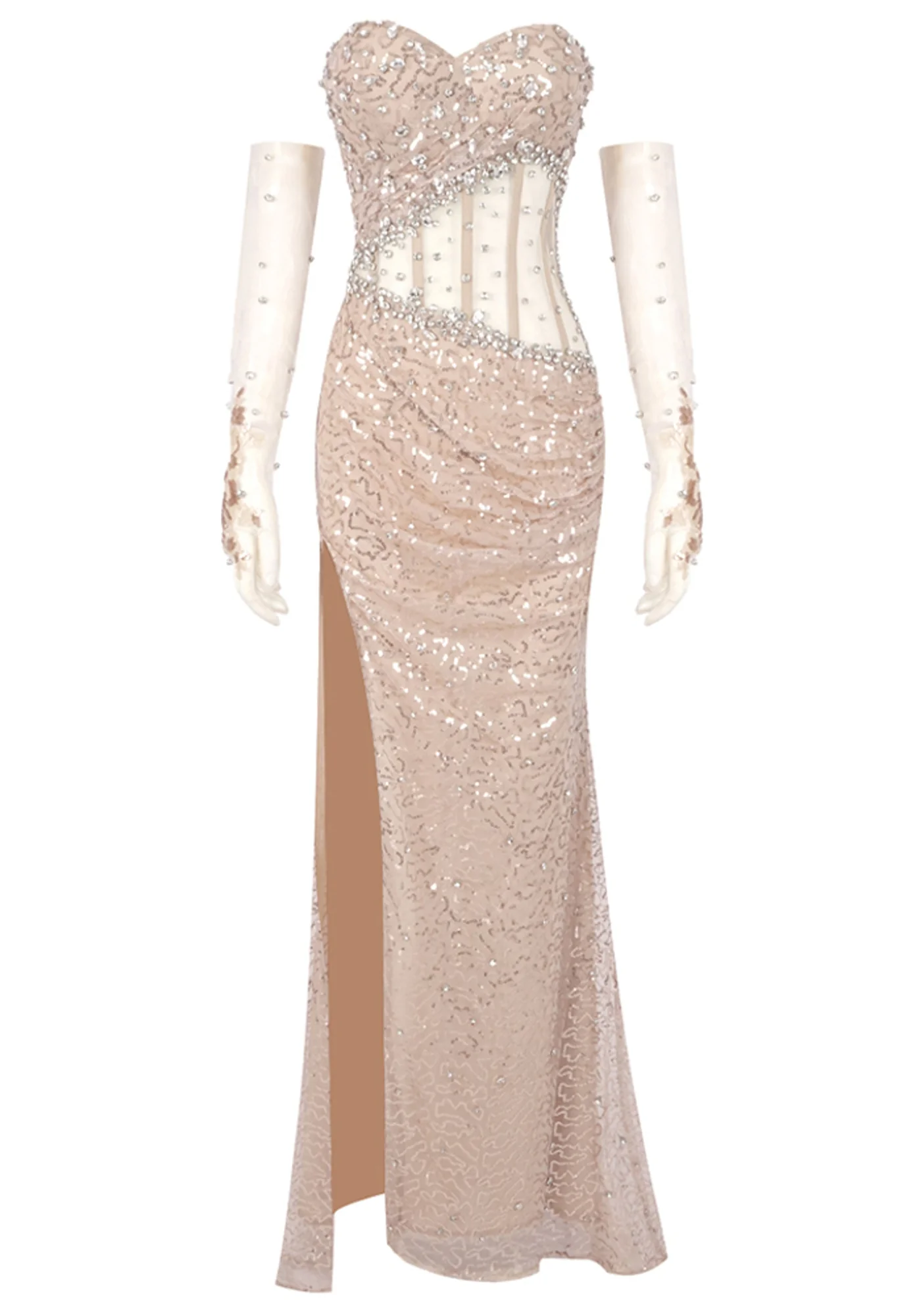 Nude Crystal Sequin Maxi Dress with Strapless Corset Design