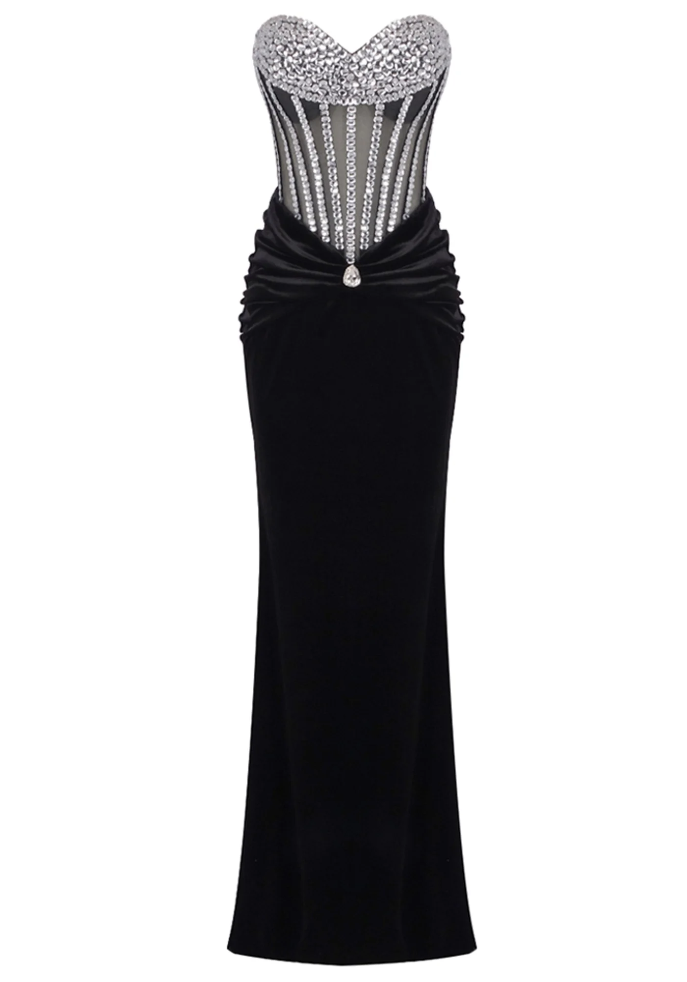 Black Velvet Crystal Embellished Corset Maxi Dress