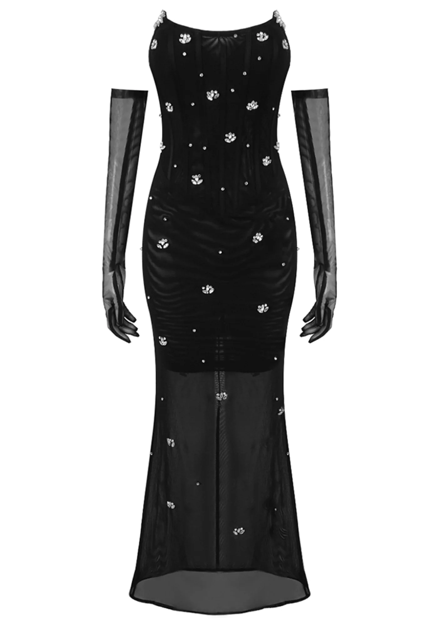 Black Strapless Crystal Corset Maxi Dress