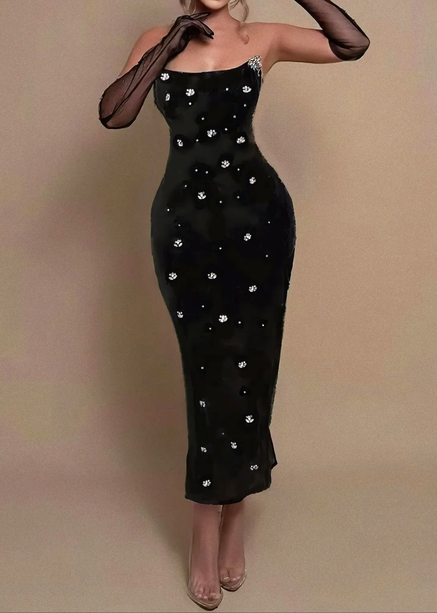 Black Strapless Crystal Corset Maxi Dress