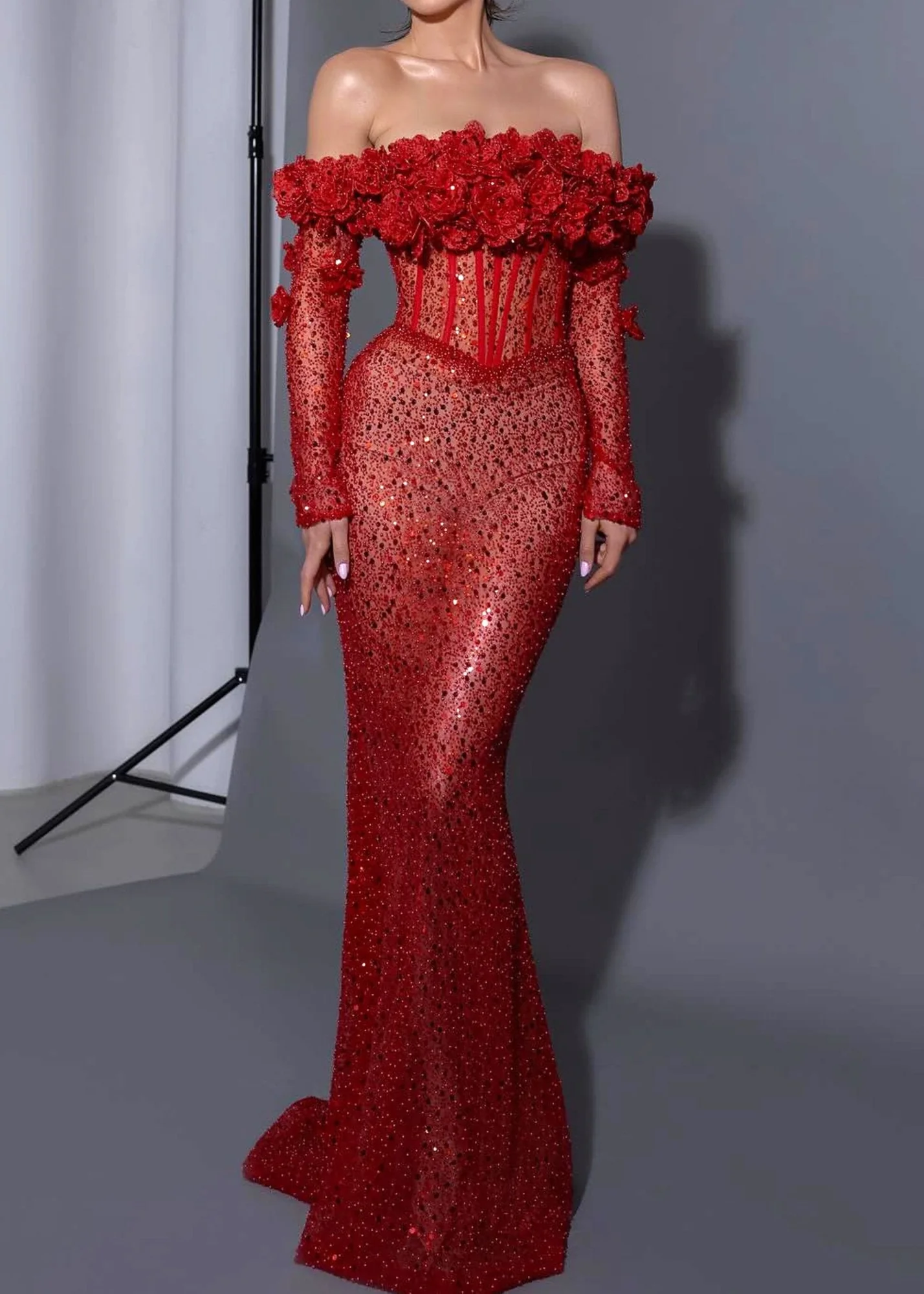 Red Off-Shoulder Sequin Floral Maxi Dress Mermaid Design