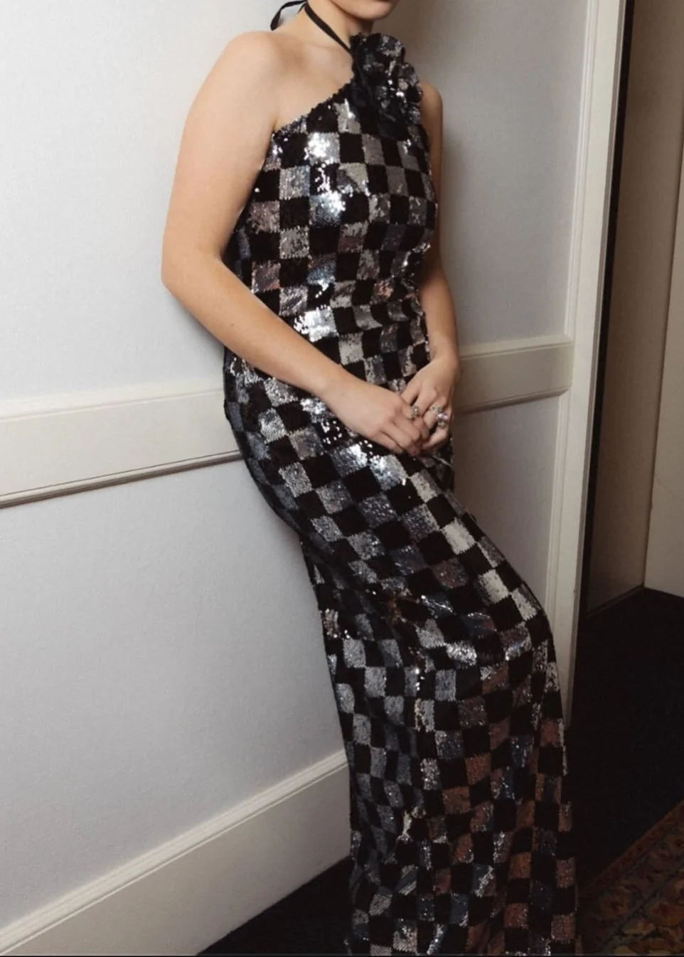 Silver Black Sequin Halter Maxi Dress