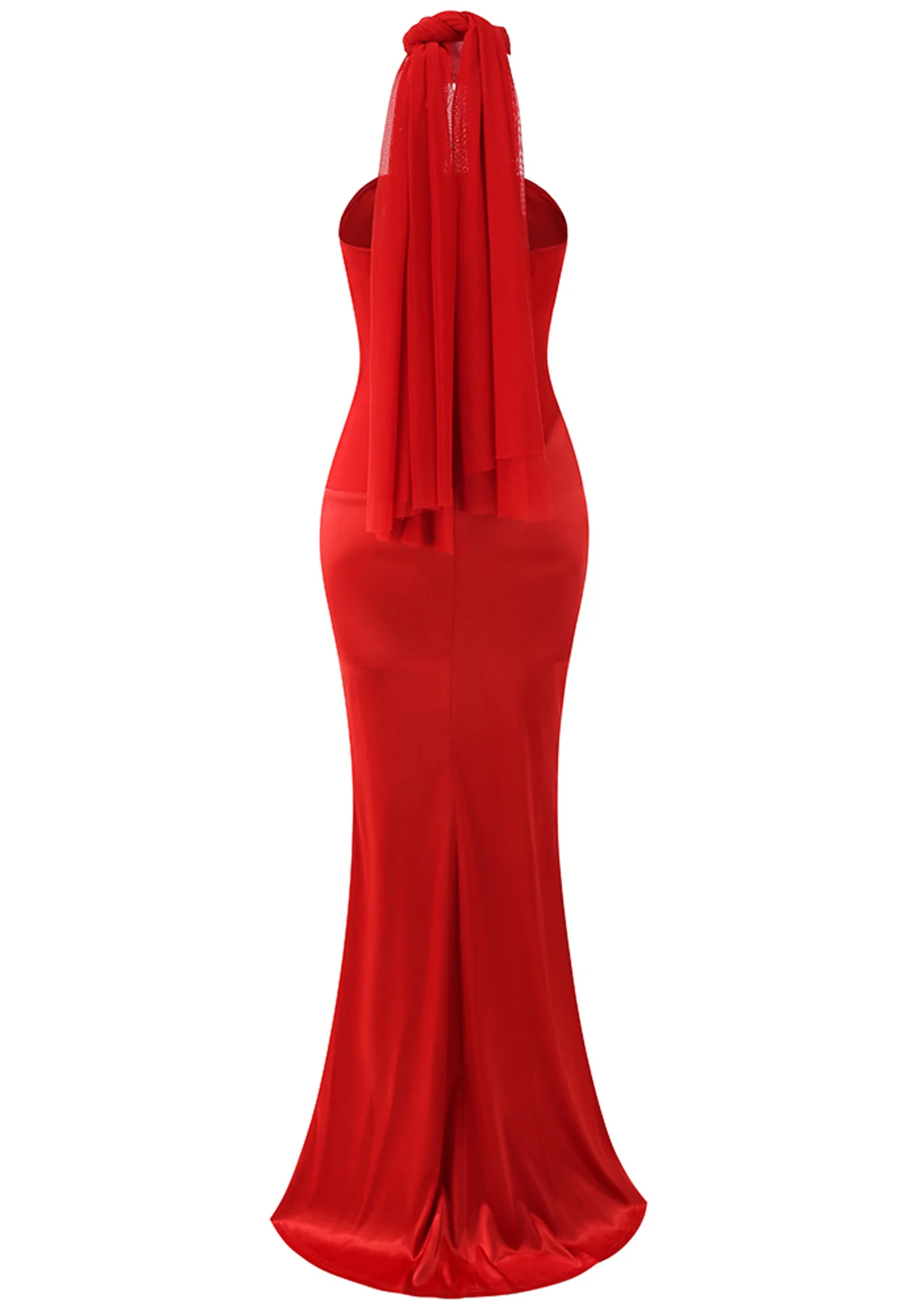 Red Crystal Draped Maxi Dress - Elegant Strapless Design