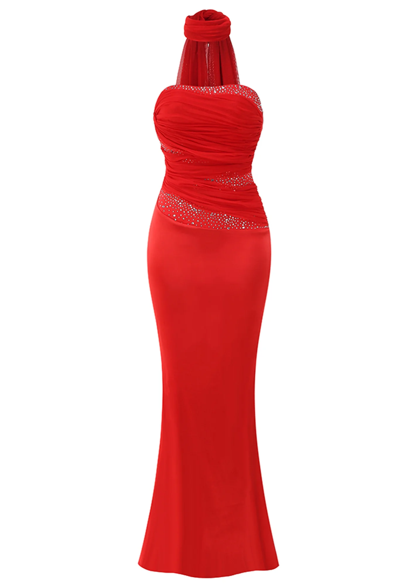 Red Crystal Draped Maxi Dress - Elegant Strapless Design