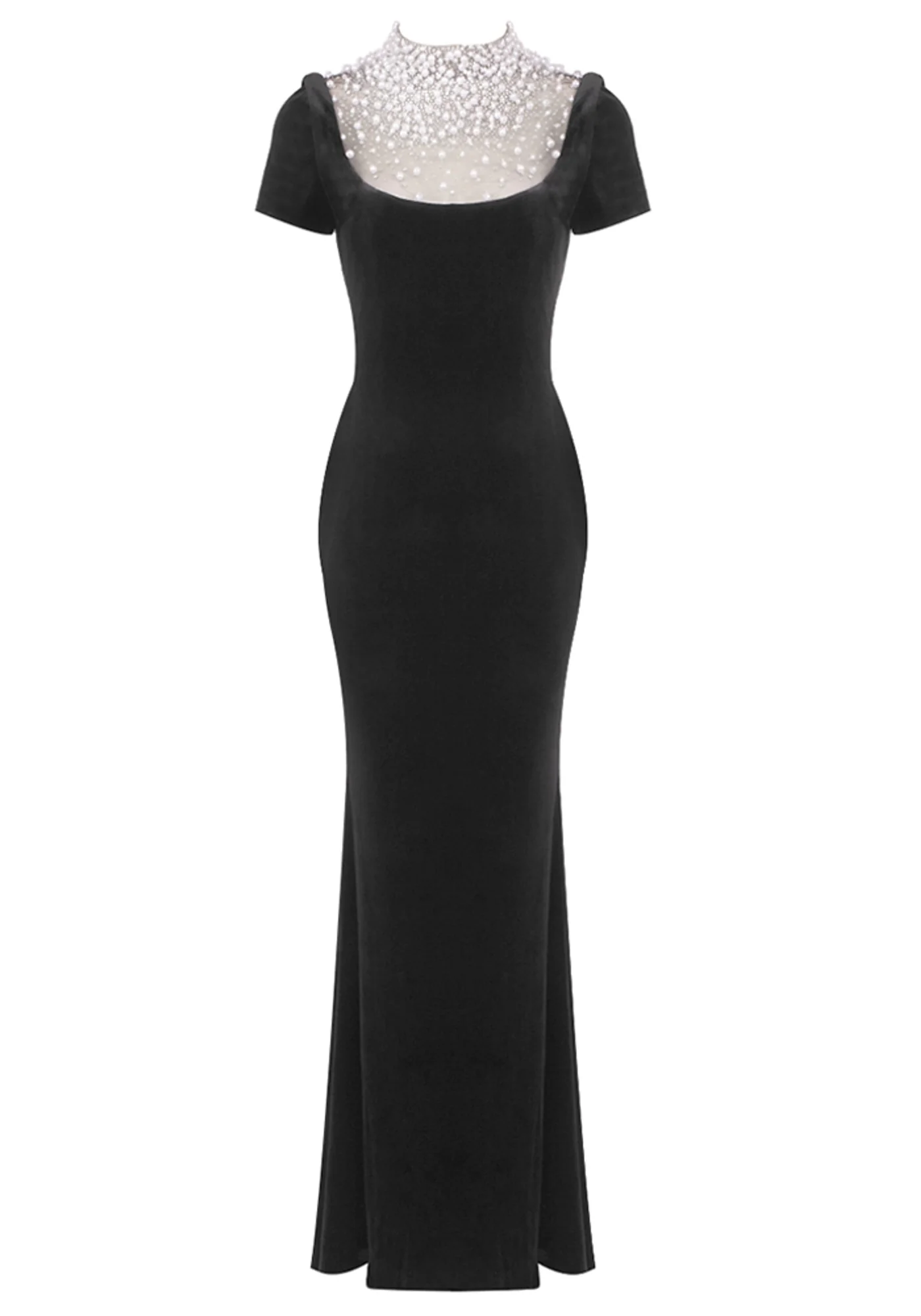 Black Velvet Maxi Dress with Pearl Embellishments