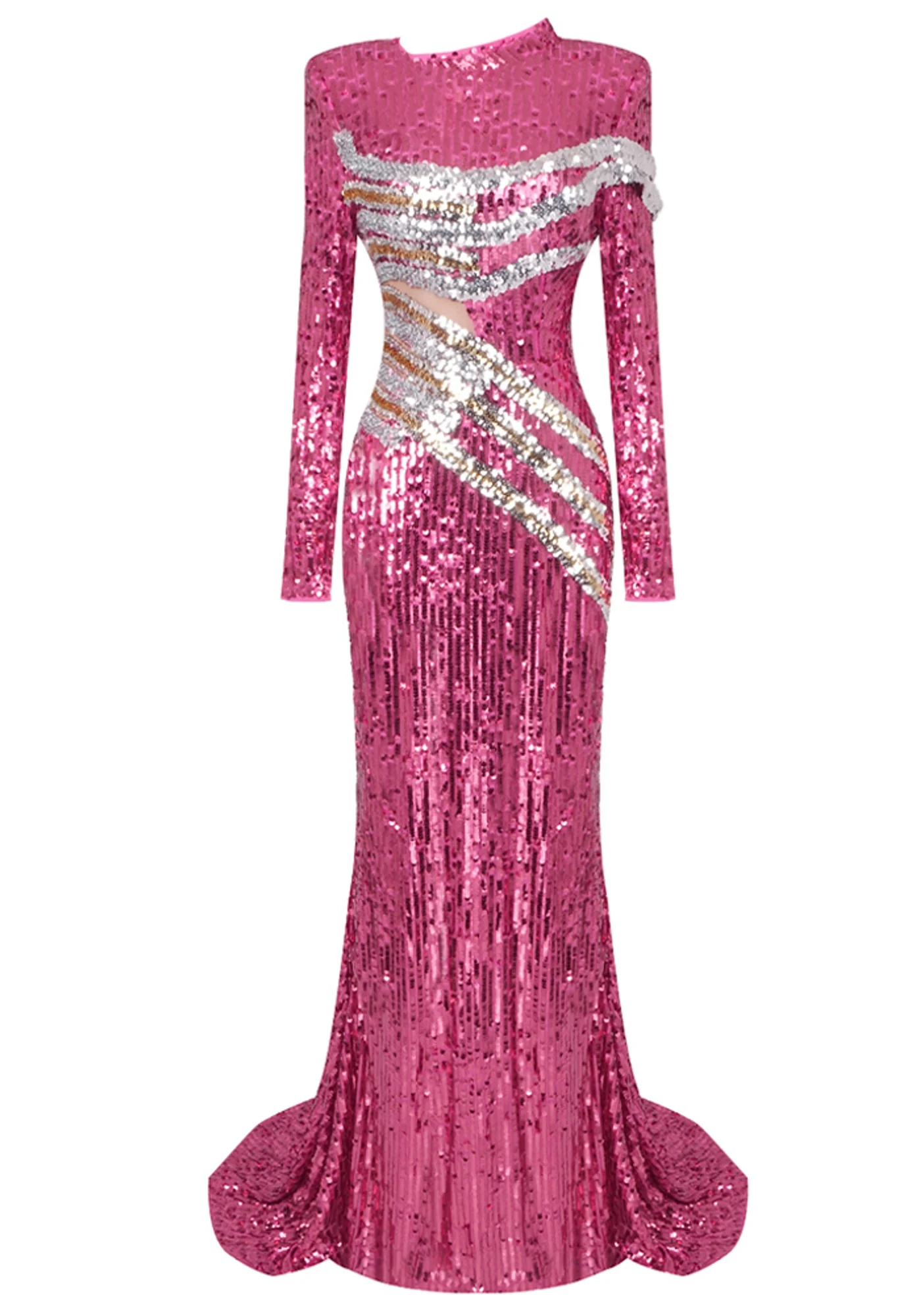 Hot Pink Sequin Mermaid Maxi Dress with Long Sleeves