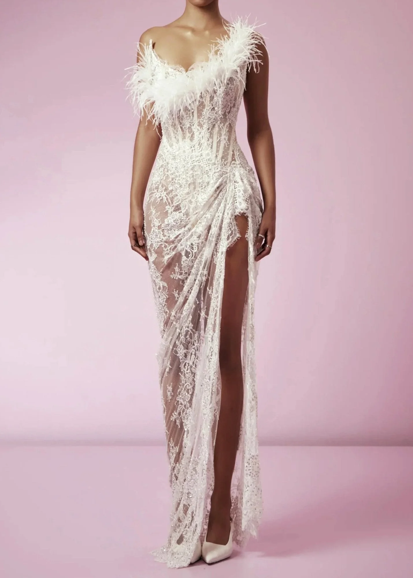 White Feather Lace Corset Maxi Dress - Elegant Strapless Design