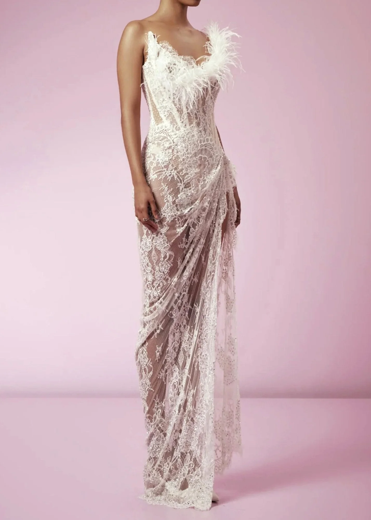 White Feather Lace Corset Maxi Dress - Elegant Strapless Design