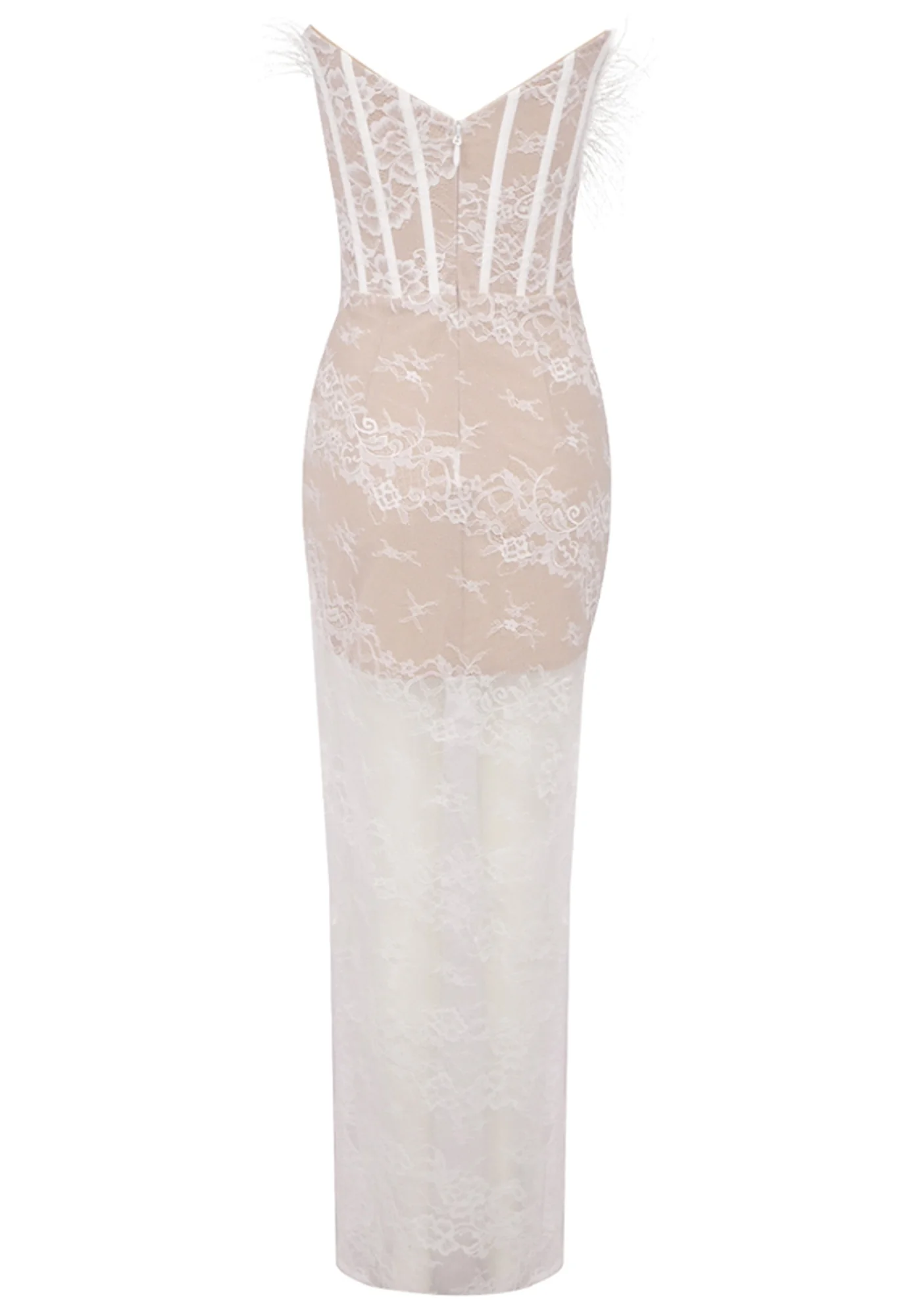 White Feather Lace Corset Maxi Dress - Elegant Strapless Design