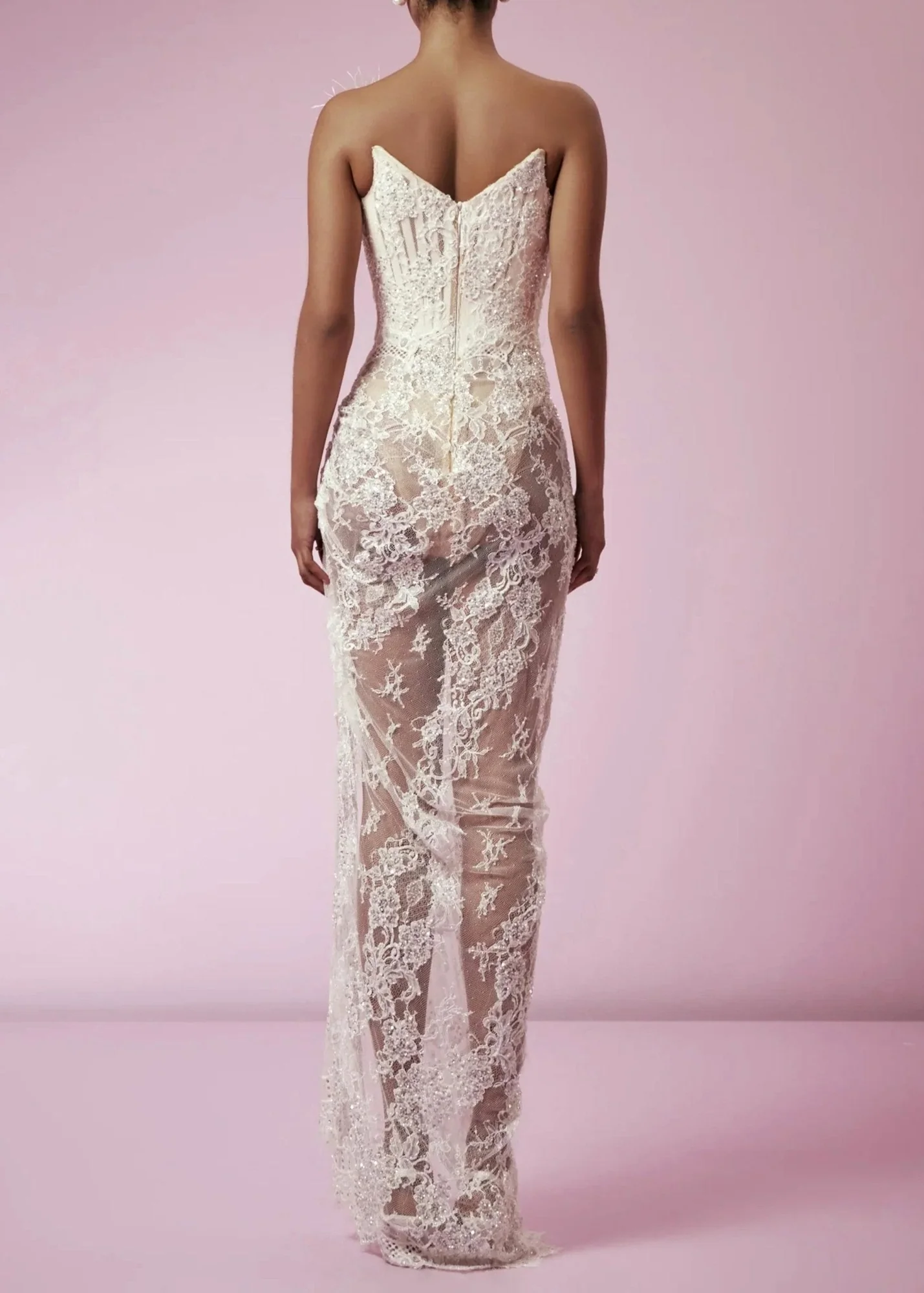 White Feather Lace Corset Maxi Dress - Elegant Strapless Design