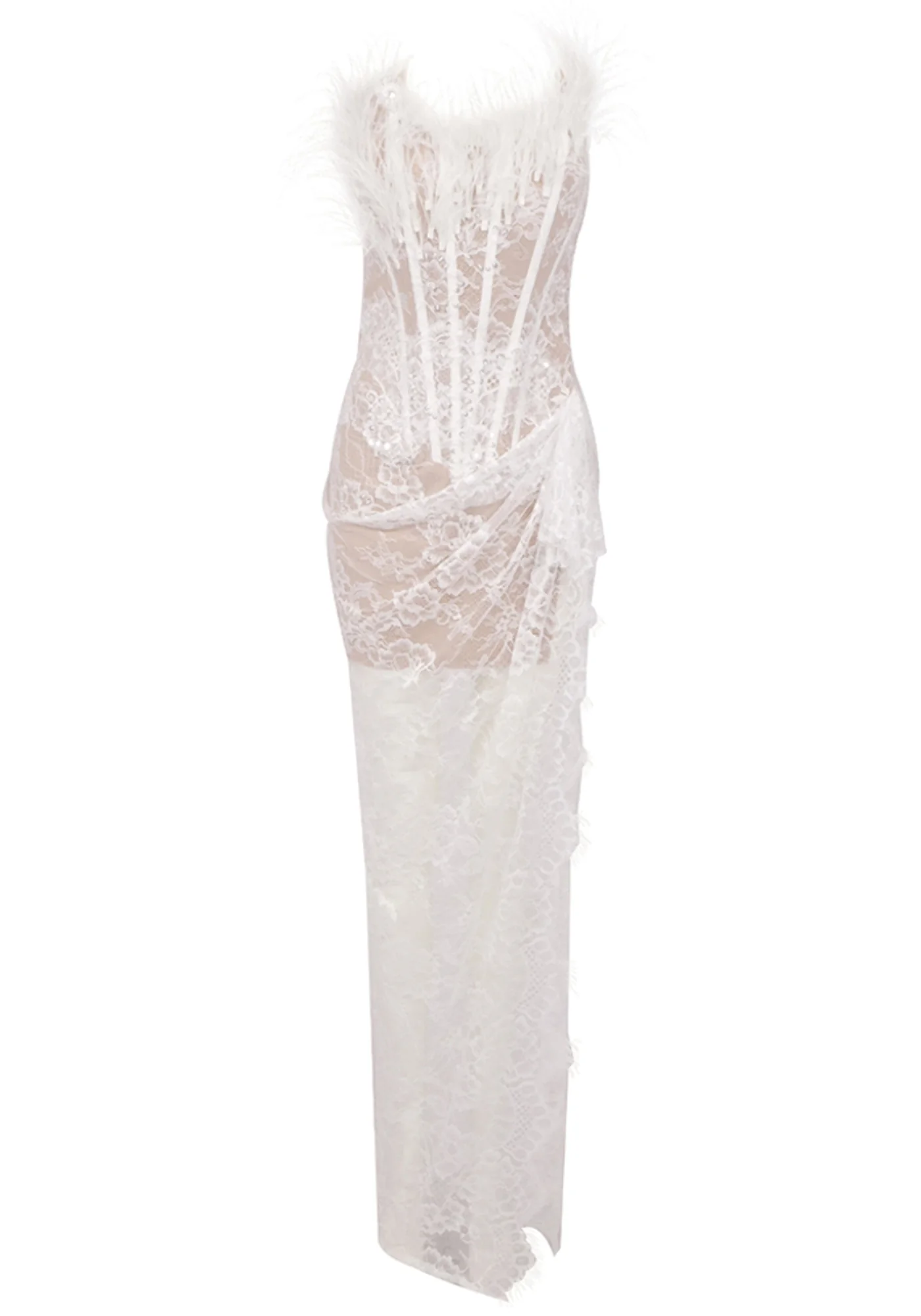 White Feather Lace Corset Maxi Dress - Elegant Strapless Design