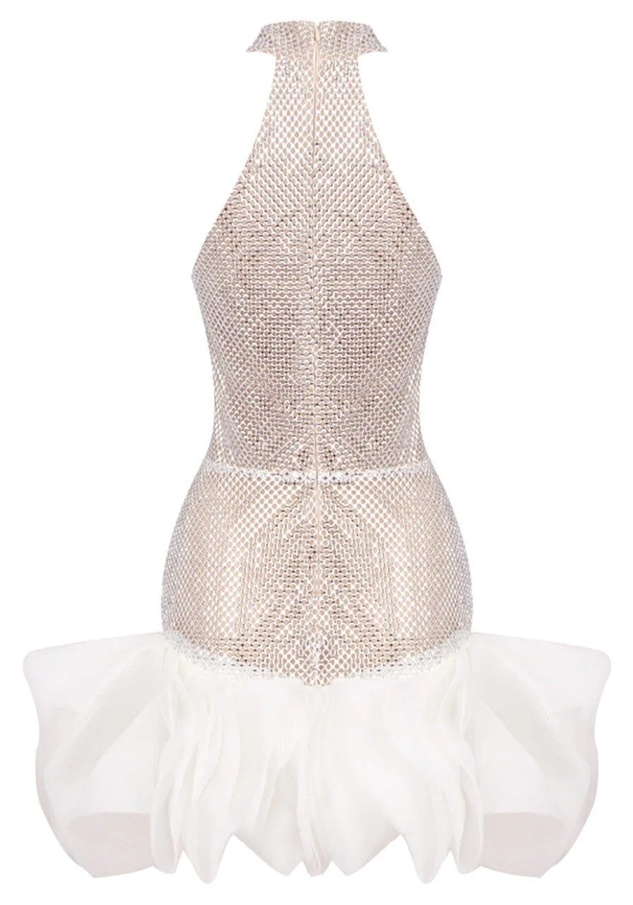 White Ruffle Halter Dress with Crystal Embellishments