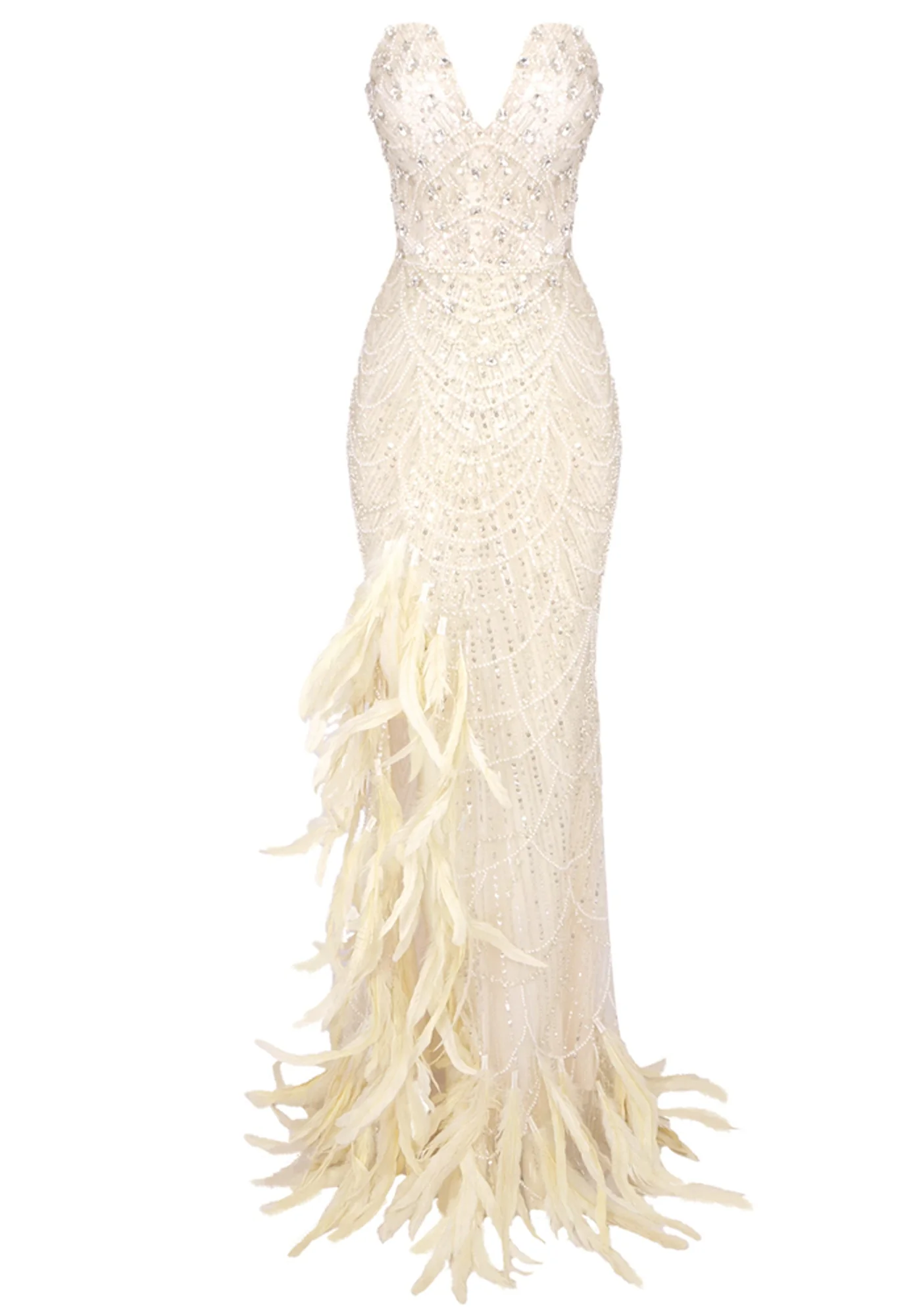 Ivory Strapless Sequin Feather Maxi Dress