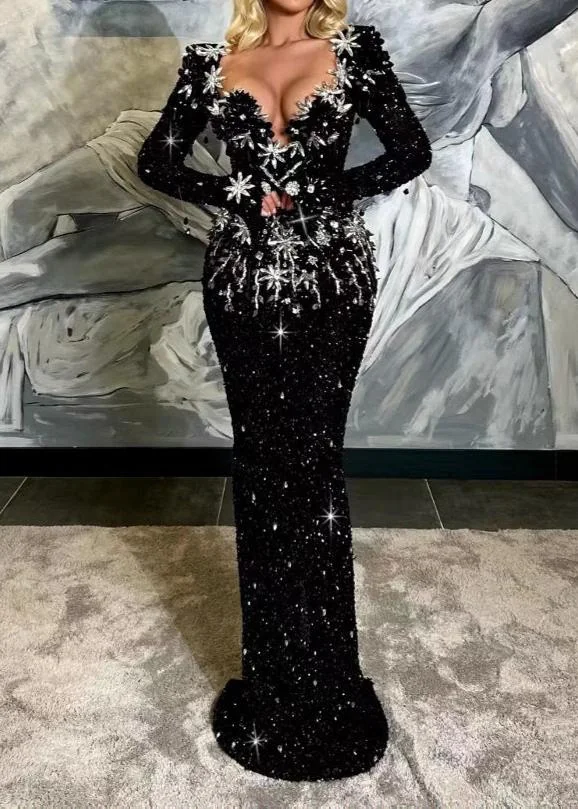 Black Sequin Maxi Dress with Crystal Details