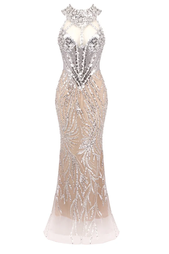 Silver Sparkle Sequin Mesh Maxi Dress - Elegant Floor-Length Gown