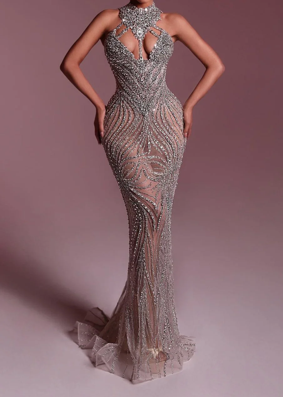 Silver Sparkle Sequin Mesh Maxi Dress - Elegant Floor-Length Gown