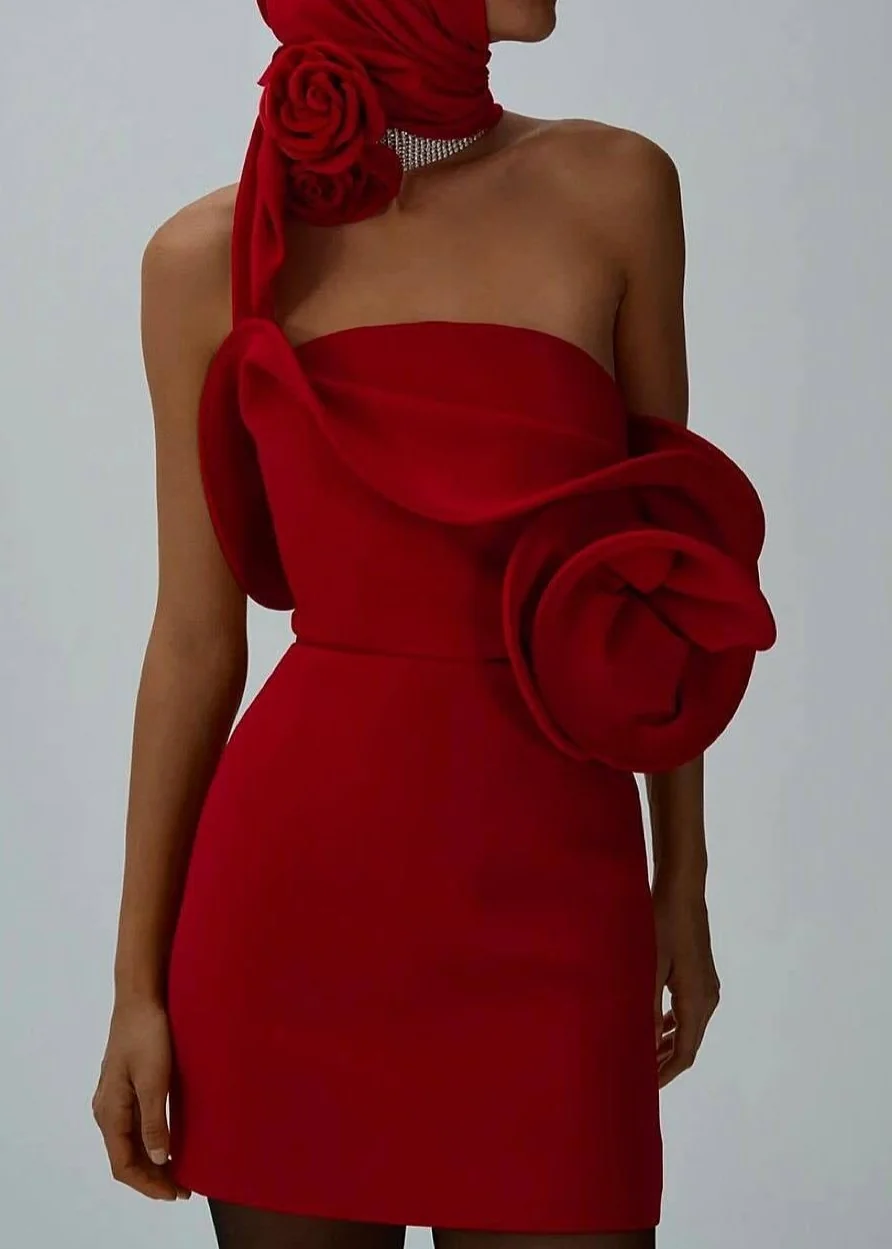 Red Strapless Babydoll Dress with Sculptural Rose