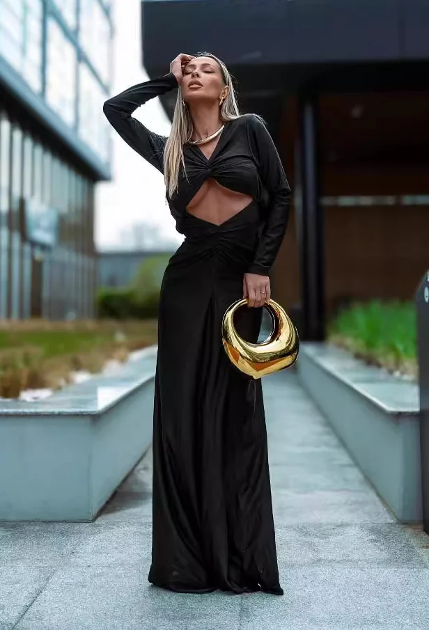 Sophisticated Twist Cutout Maxi Dress - Elegant Long Sleeve Design