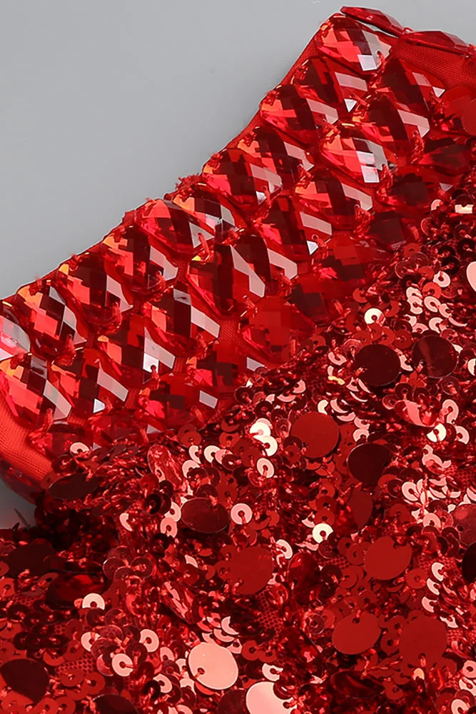 Red Rhinestone Sequin Embroidered Mini Dress