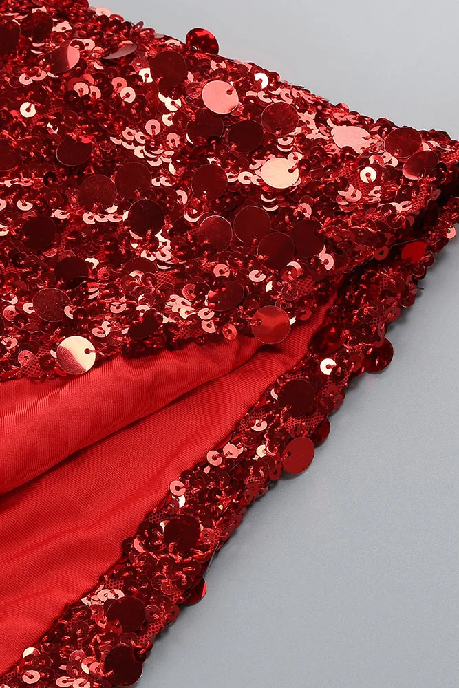 Red Rhinestone Sequin Embroidered Mini Dress