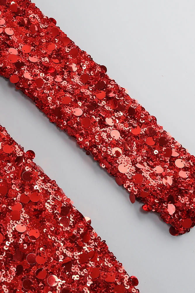 Red Rhinestone Sequin Embroidered Mini Dress