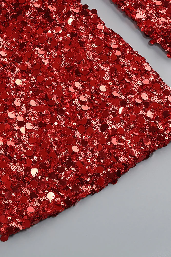 Red Rhinestone Sequin Embroidered Mini Dress