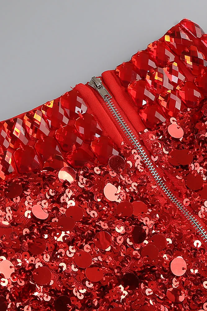 Red Rhinestone Sequin Embroidered Mini Dress