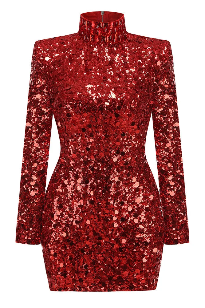 Red Rhinestone Sequin Embroidered Mini Dress