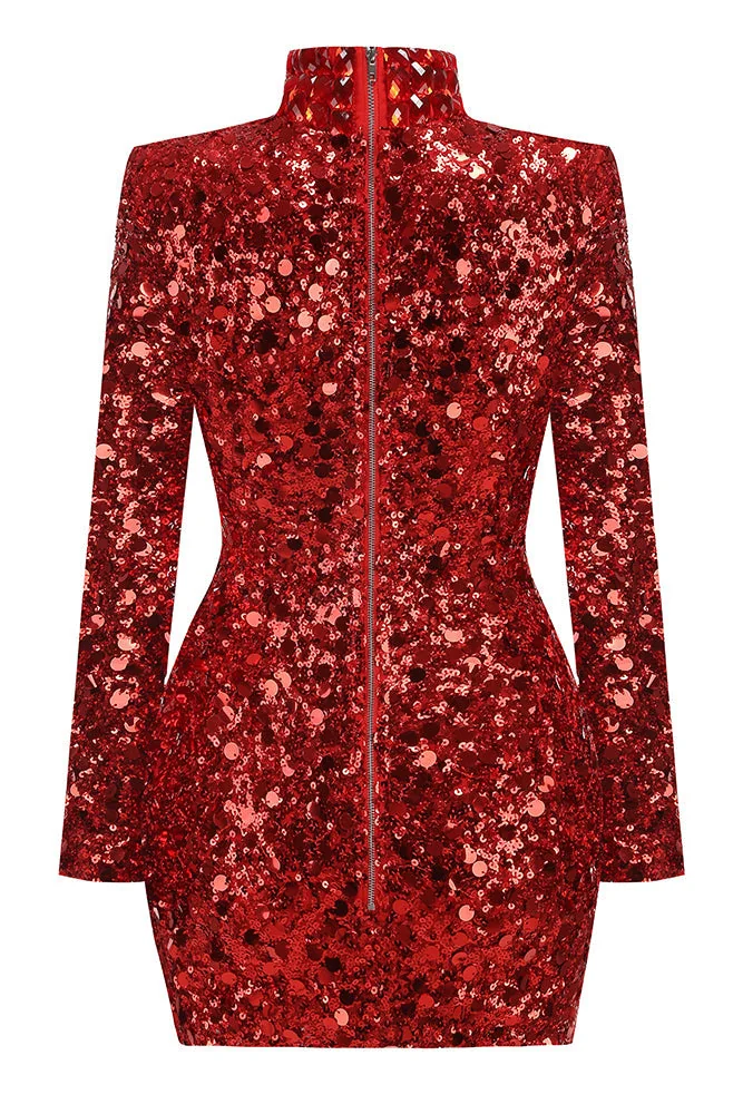 Red Rhinestone Sequin Embroidered Mini Dress