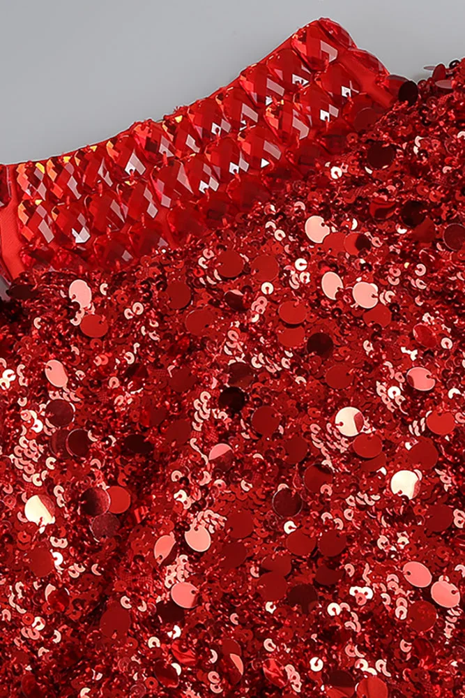 Red Rhinestone Sequin Embroidered Mini Dress