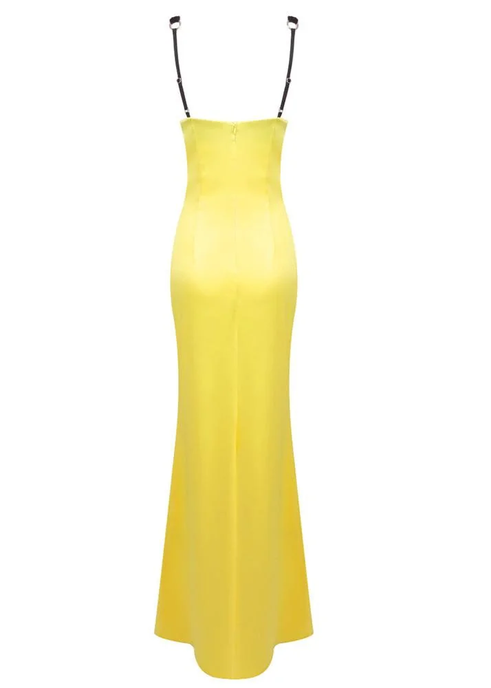 Elegant White & Yellow Draped Maxi Dress