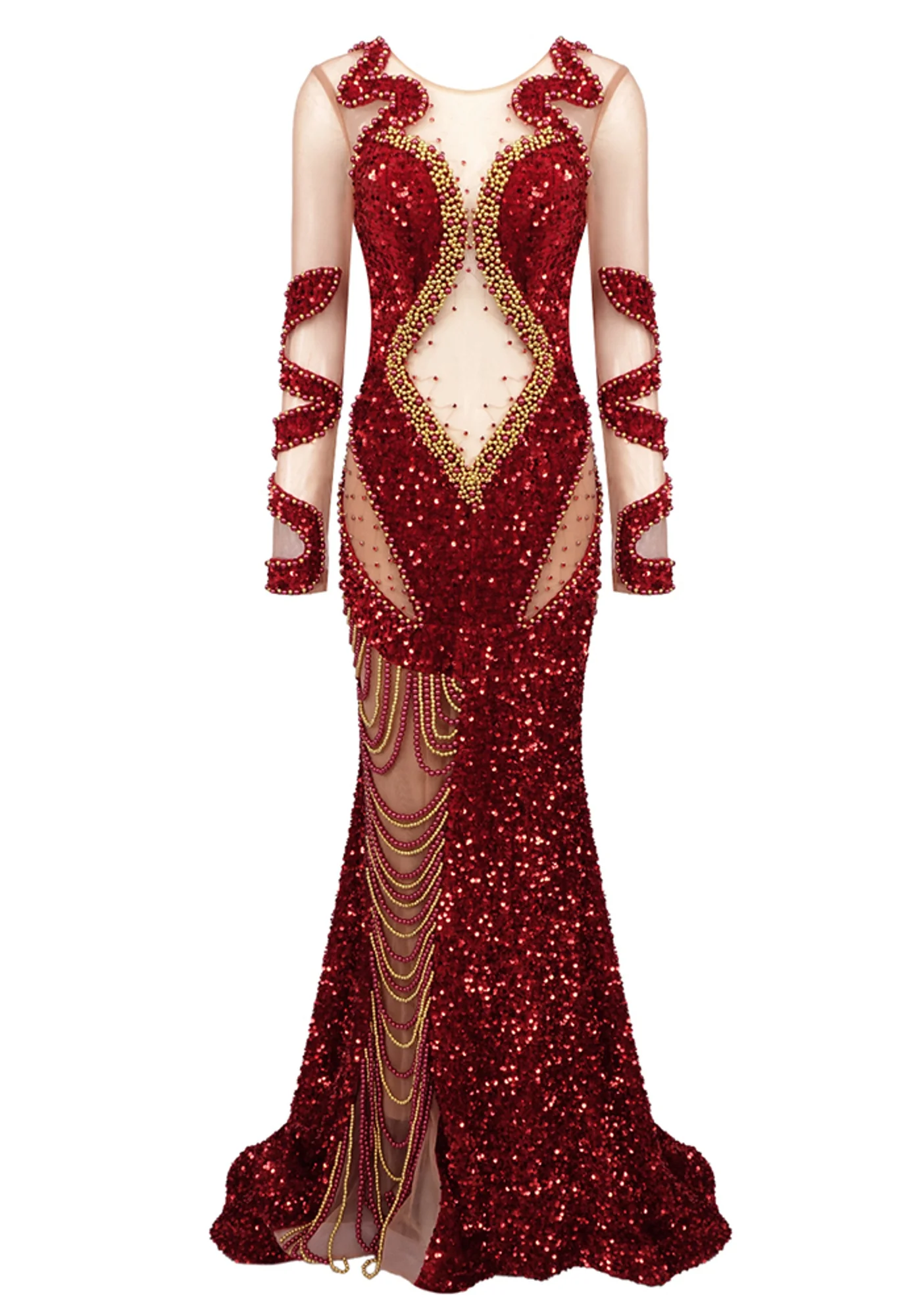 Red Sequin Mermaid Maxi Dress - Elegant Long Sleeve Design