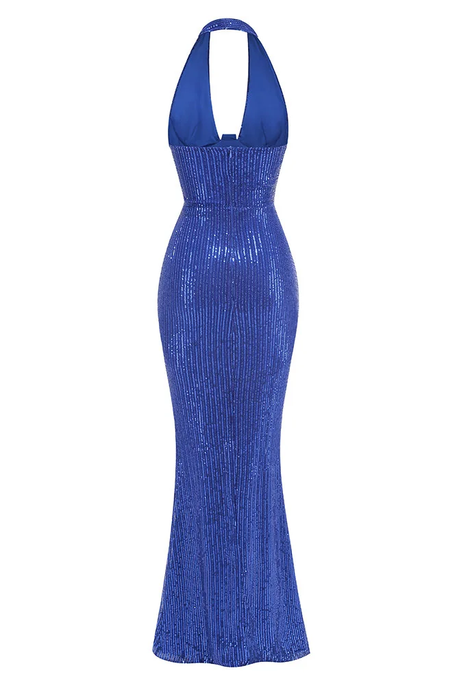 Blue Sequin Halter Maxi Dress for Formal Events