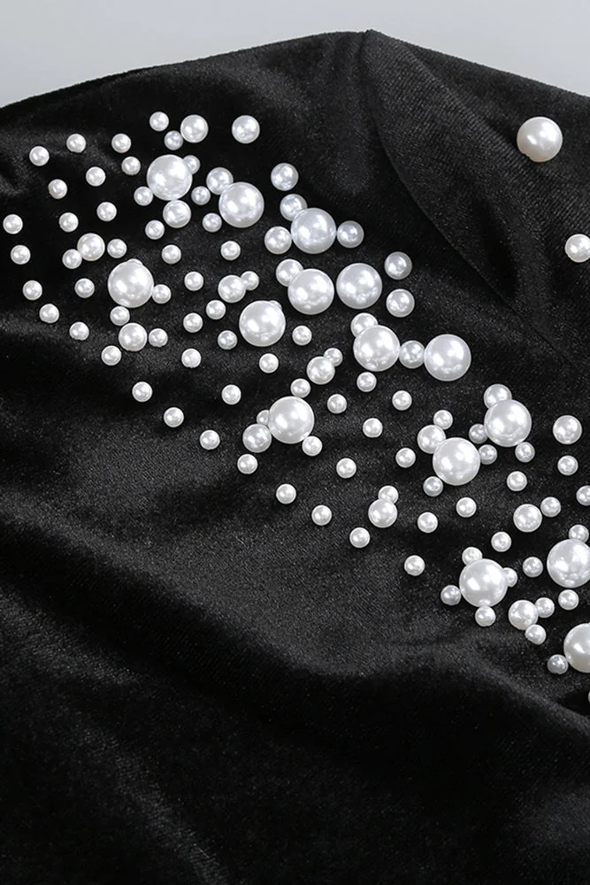 Pearl Velvet Long Sleeve Mini Dress - Elegant Black Cocktail Attire
