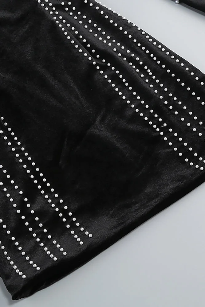 Pearl Velvet Long Sleeve Mini Dress - Elegant Black Cocktail Attire