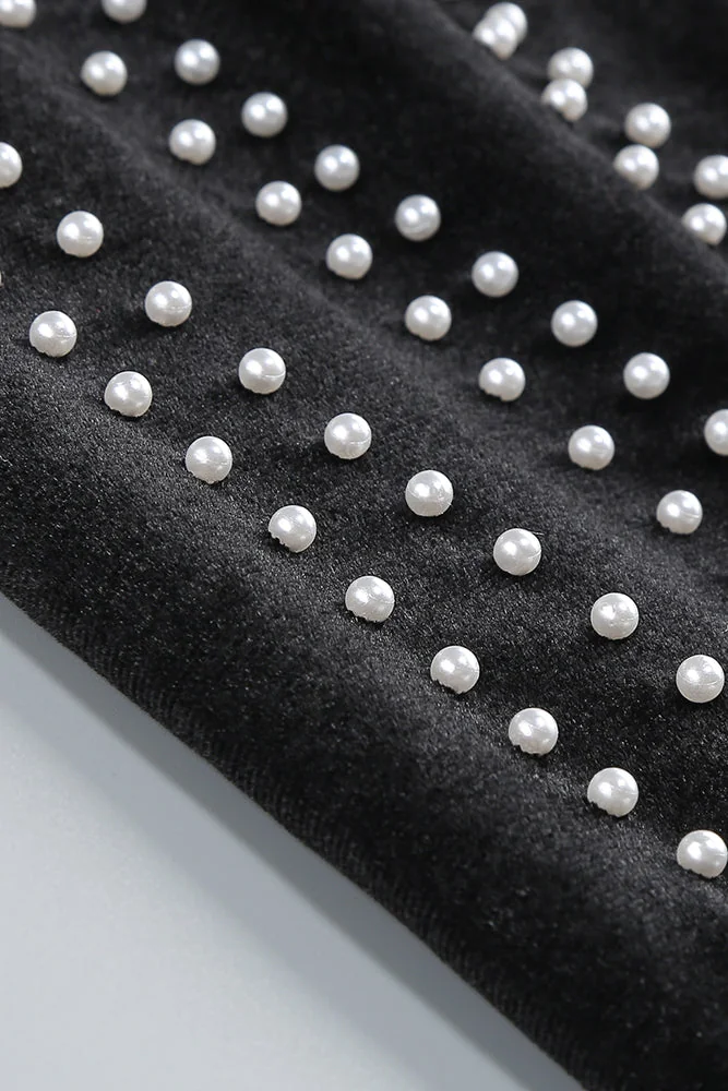 Pearl Velvet Long Sleeve Mini Dress - Elegant Black Cocktail Attire