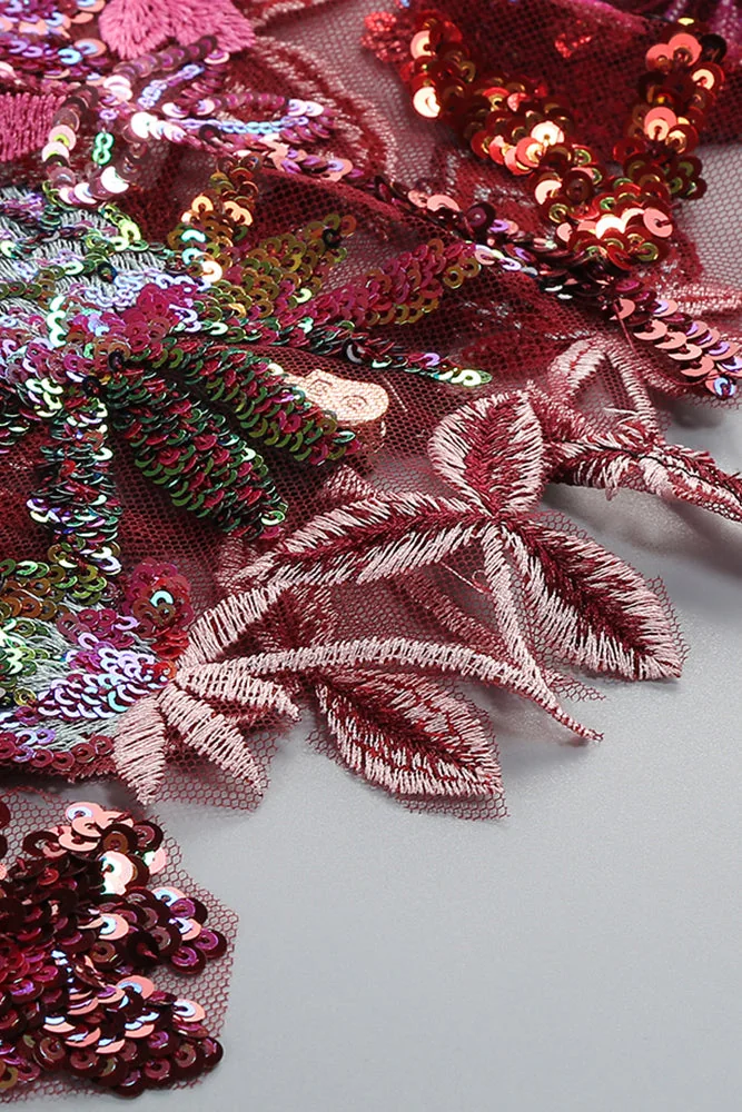Red Flower Sequin Strapless Mesh Dress
