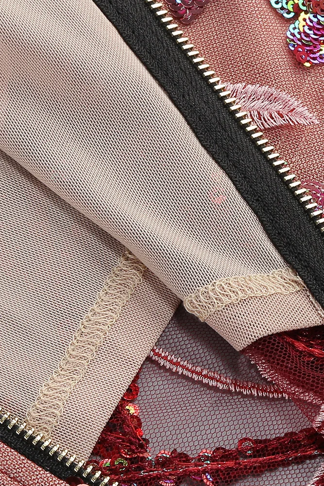 Red Flower Sequin Strapless Mesh Dress