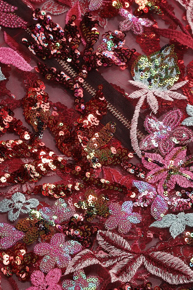 Red Flower Sequin Strapless Mesh Dress