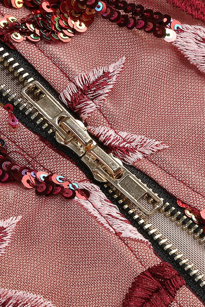 Red Flower Sequin Strapless Mesh Dress