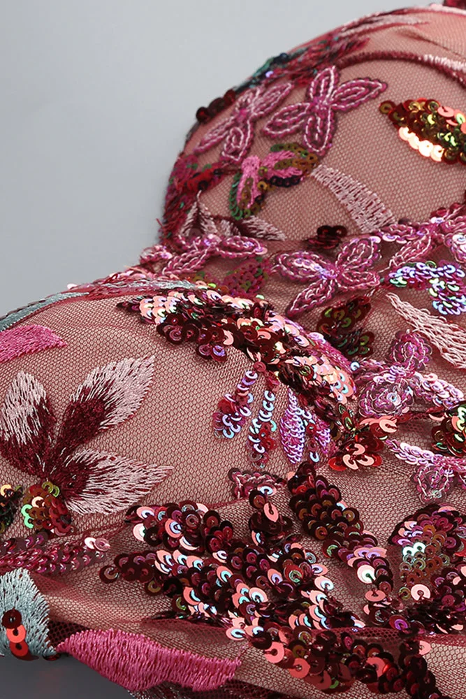 Red Flower Sequin Strapless Mesh Dress