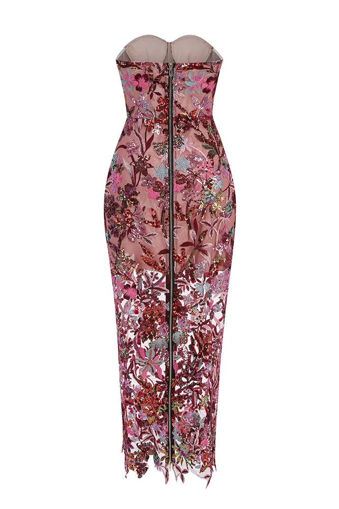 Red Flower Sequin Strapless Mesh Dress